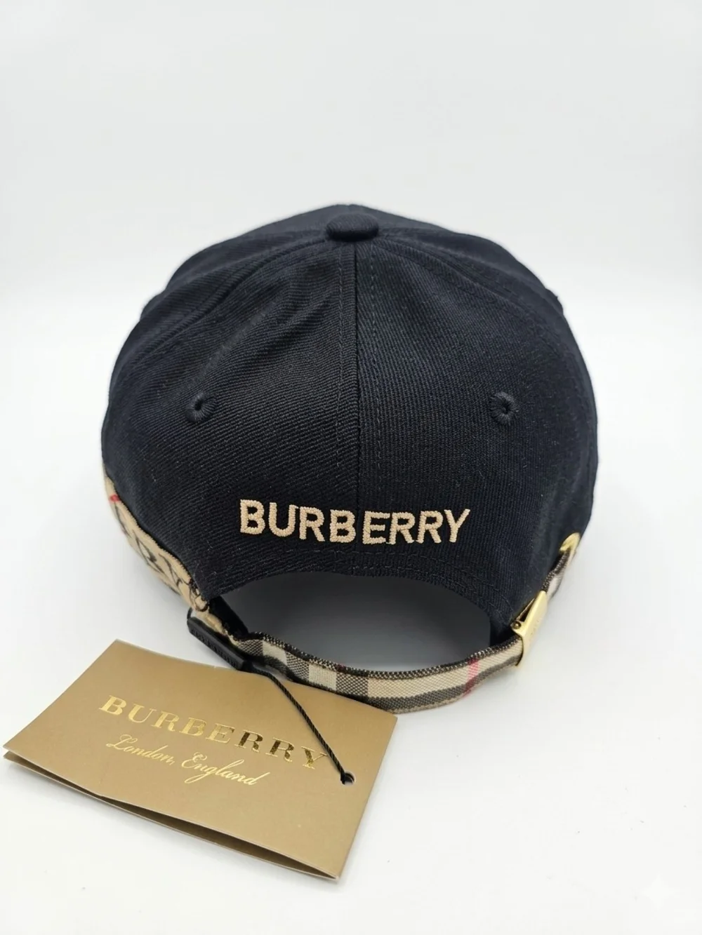 🔥NWT‼️✨ Burberry ✨ Black Baseball Cap Hat with Tan Vintage Check Brim - Unisex - Picture 5 of 14